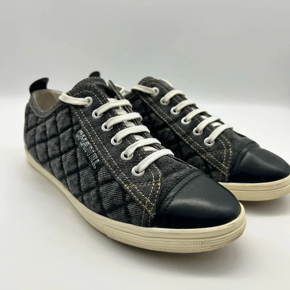 Chanel quilted denim leather lined low top sneakers shoes authentic 38